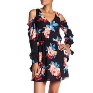 Charles Henry Black Floral Cold Shoulder Long Sleeve Dress Bold Print Size Small